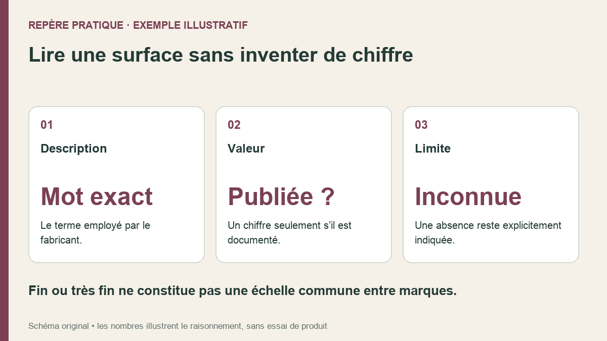 Lire une surface sans inventer de chiffre. Description : Le terme employé par le fabricant.; Valeur : Un chiffre seulement s’il est documenté.; Limite : Une absence reste explicitement indiquée.